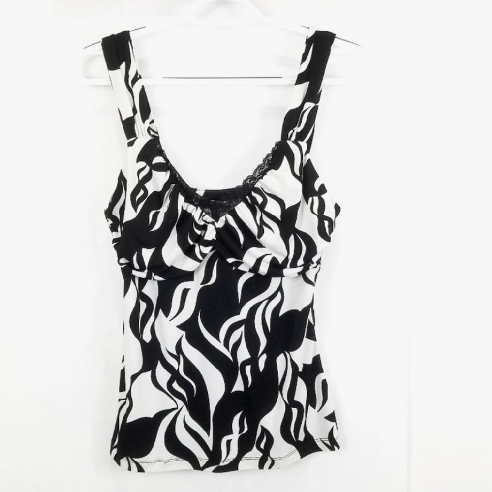WHBM Womens Small Black White Wavy Print Ruched Tank Top